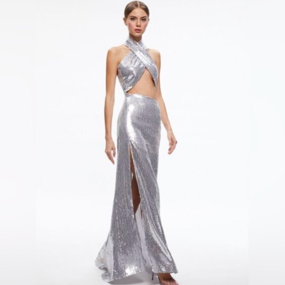 Alice + Olivia May Halter Neck Silver Sequin Maxi Gown - Picture 4 of 13